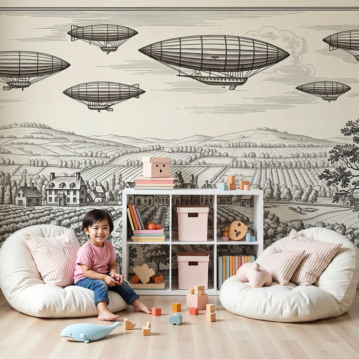 Behang kinderkamer | Luchtballonnen zwevend boven een pastoraal landschap