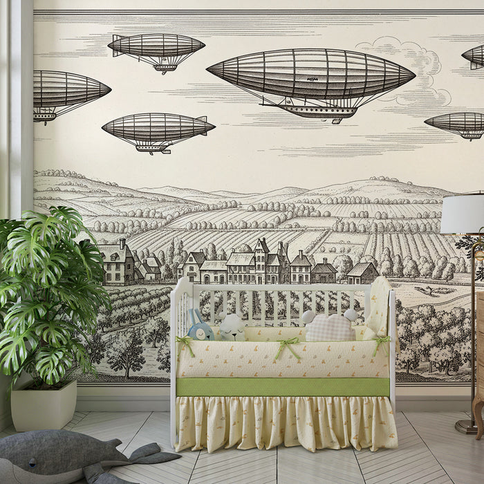 Behang kinderkamer | Luchtballonnen zwevend boven een pastoraal landschap