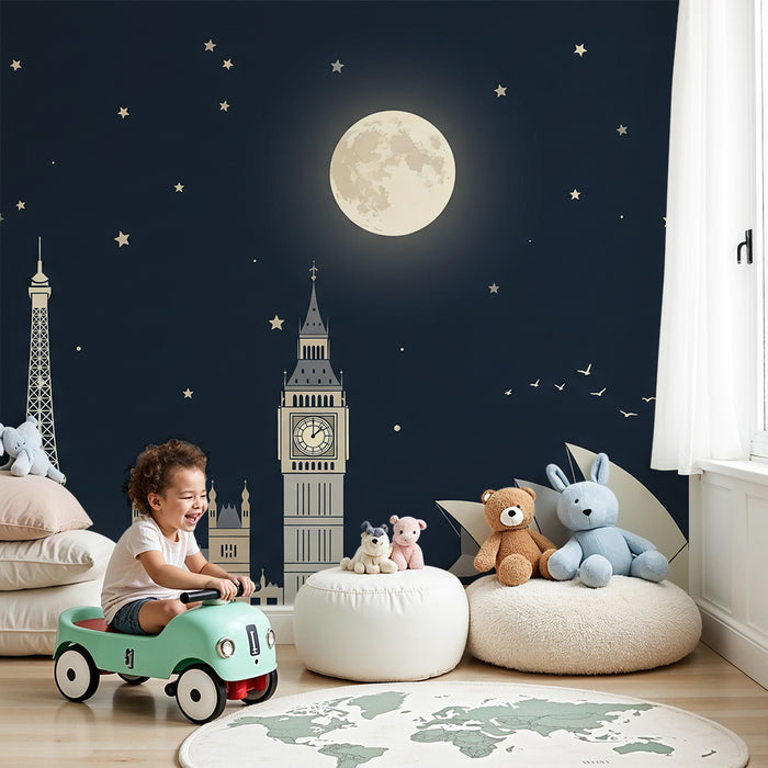 Papel de parede para quarto infantil | Monumentos famosos sob um céu estrelado