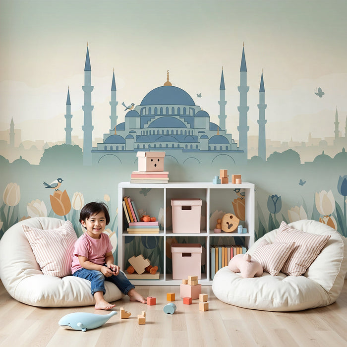 Children's bedroom wallpaper | Majestic mosque surrounded by colorful tulips