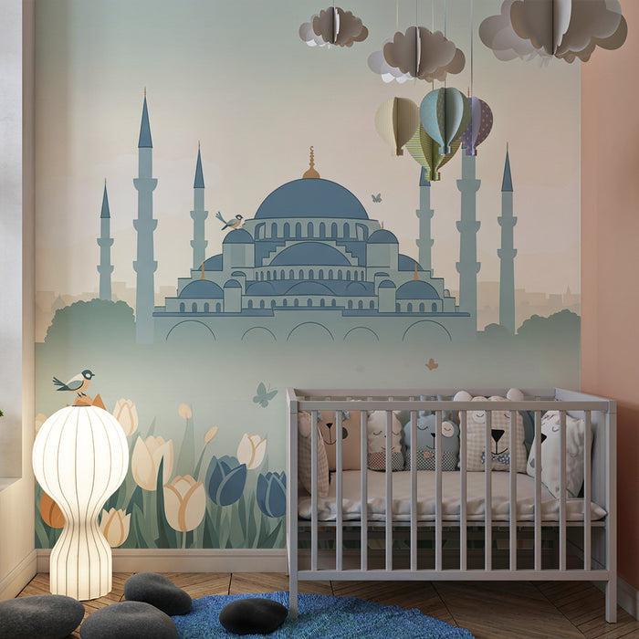 Children's bedroom wallpaper | Majestic mosque surrounded by colorful tulips