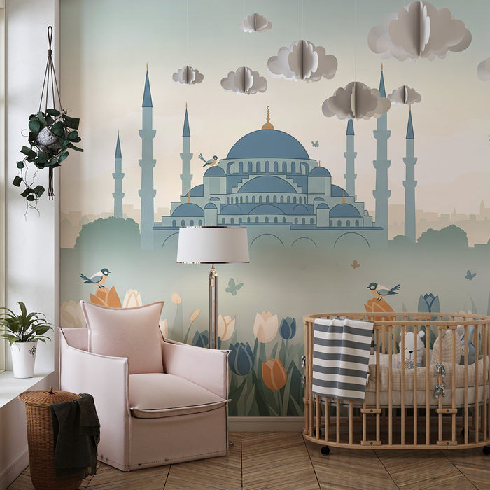 Children's bedroom wallpaper | Majestic mosque surrounded by colorful tulips