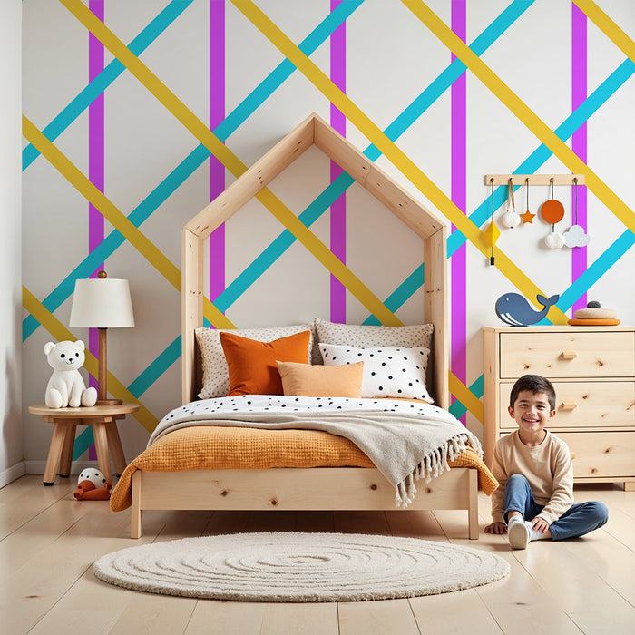 Papel de parede para quarto infantil | Padrão geométrico colorido com linhas diagonais vibrantes