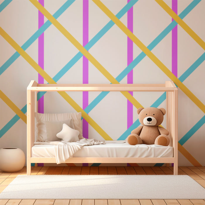 Papel de parede para quarto infantil | Padrão geométrico colorido com linhas diagonais vibrantes