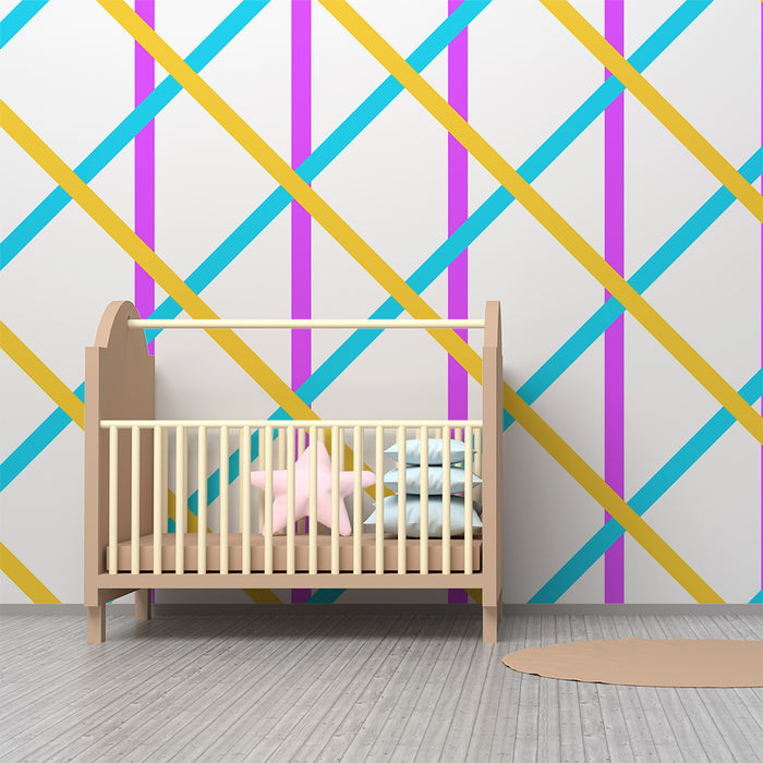 Papel de parede para quarto infantil | Padrão geométrico colorido com linhas diagonais vibrantes