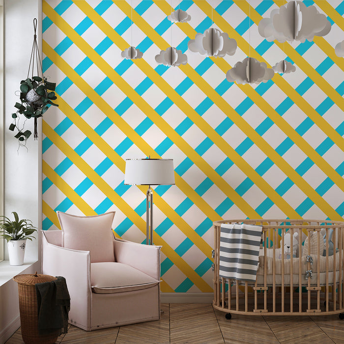 Tapeta do dětského pokoje | Barevný geometrický vzor se žlutými a modrými liniemi