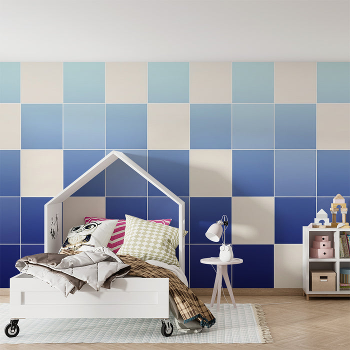 Papel de parede criança | Motivo geométrico degradê azul e branco