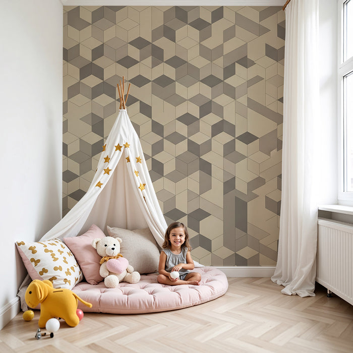 Barntapet | Geometriskt mönster med neutrala färgtoner i kuber