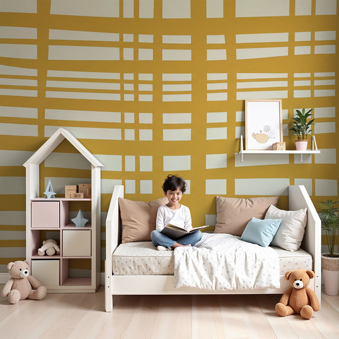 Carta da parati per camera bambini | Motivo geometrico con linee dorate su fondo crema