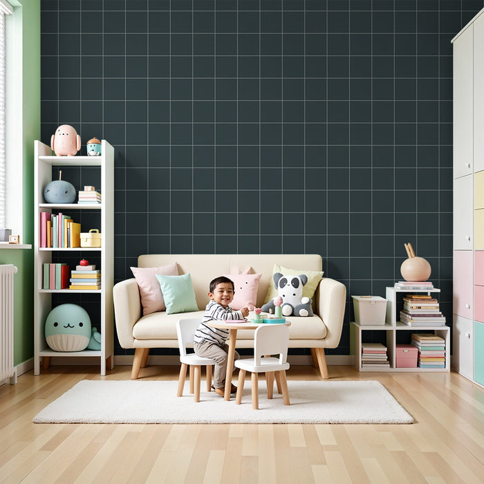 Kinderzimmer Tapete | Geometrisches Muster auf dunkelblauem Hintergrund
