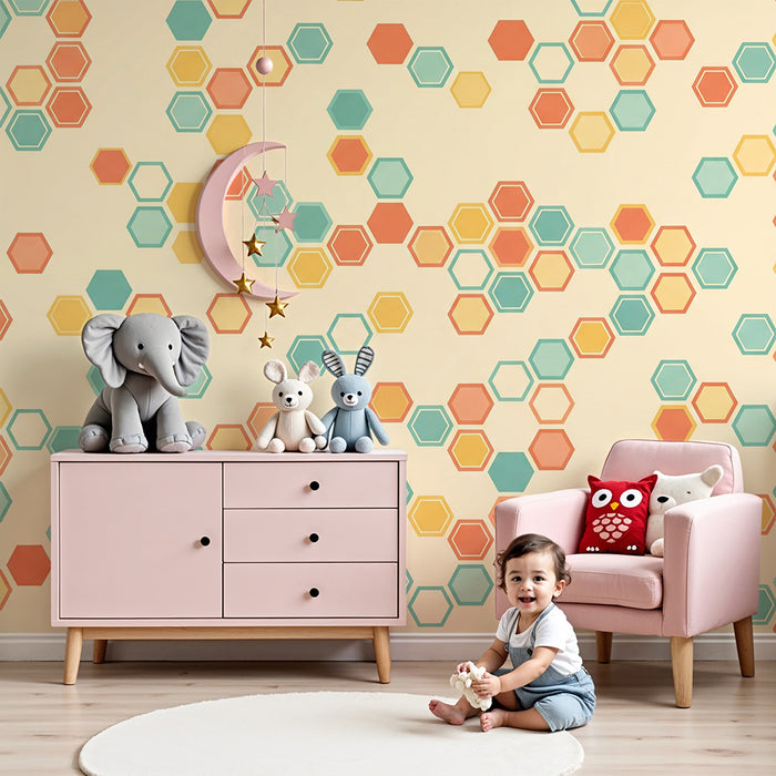 Tapet pentru camera copilului | Model hexagonal colorat pe fundal delicat
