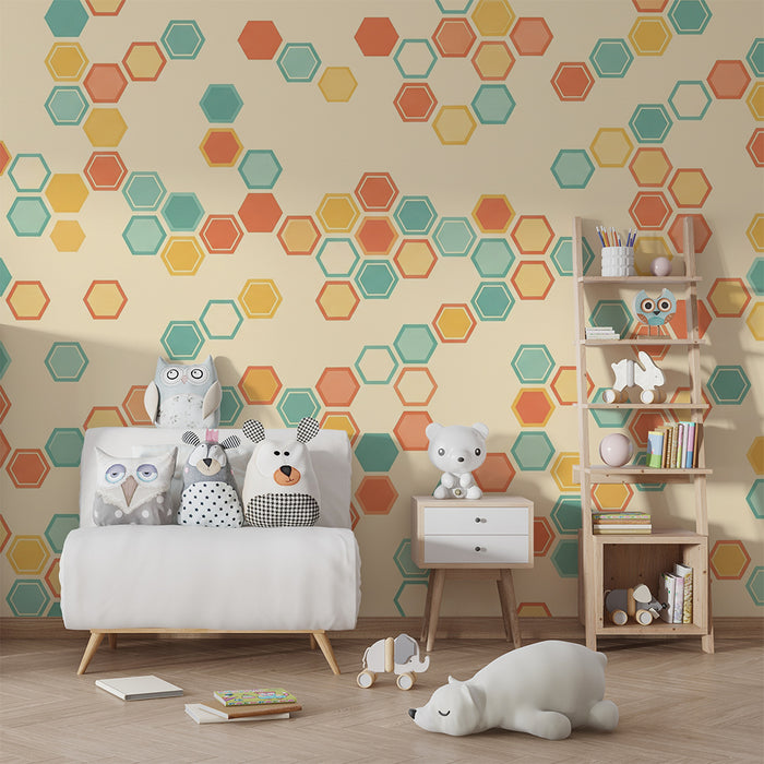 Tapet pentru camera copilului | Model hexagonal colorat pe fundal delicat