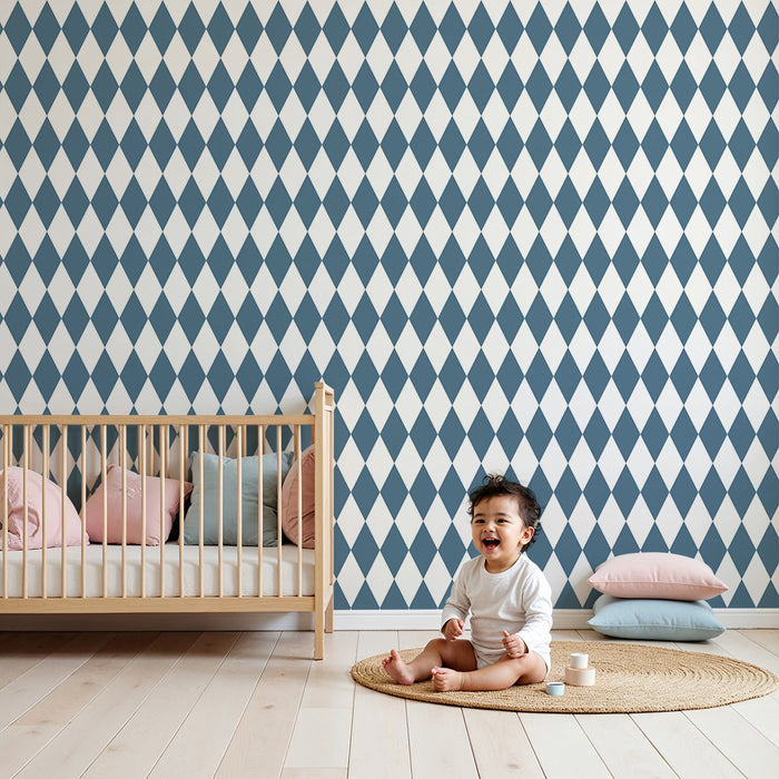 Kids room wallpaper | Blue diamond pattern on white background