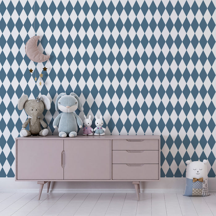 Kids room wallpaper | Blue diamond pattern on white background