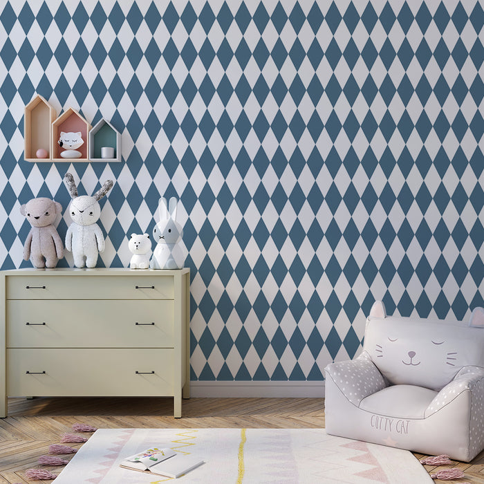 Kids room wallpaper | Blue diamond pattern on white background