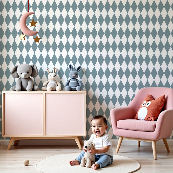 Kids room wallpaper | Soft blue diamond pattern on white background