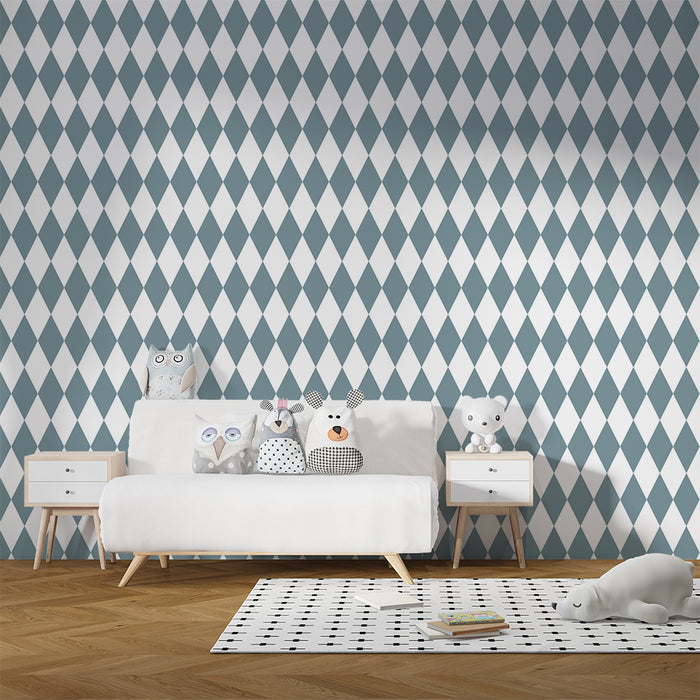 Kids room wallpaper | Soft blue diamond pattern on white background
