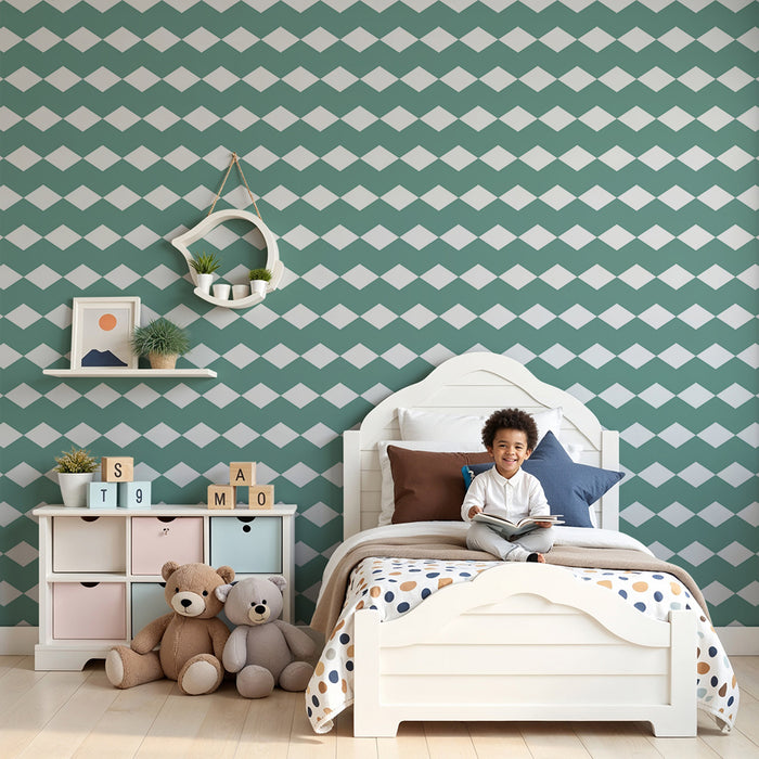Kids room wallpaper | Modern diamond pattern in aqua green and white