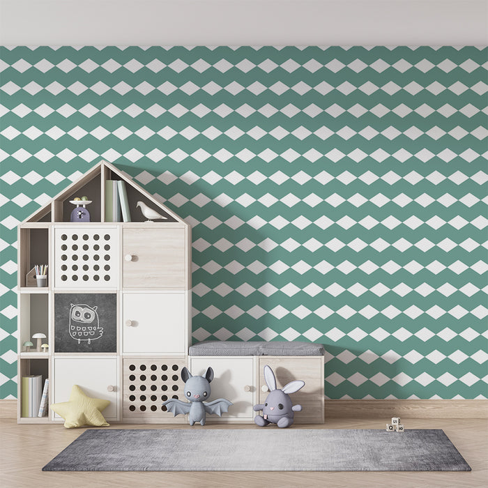 Kids room wallpaper | Modern diamond pattern in aqua green and white