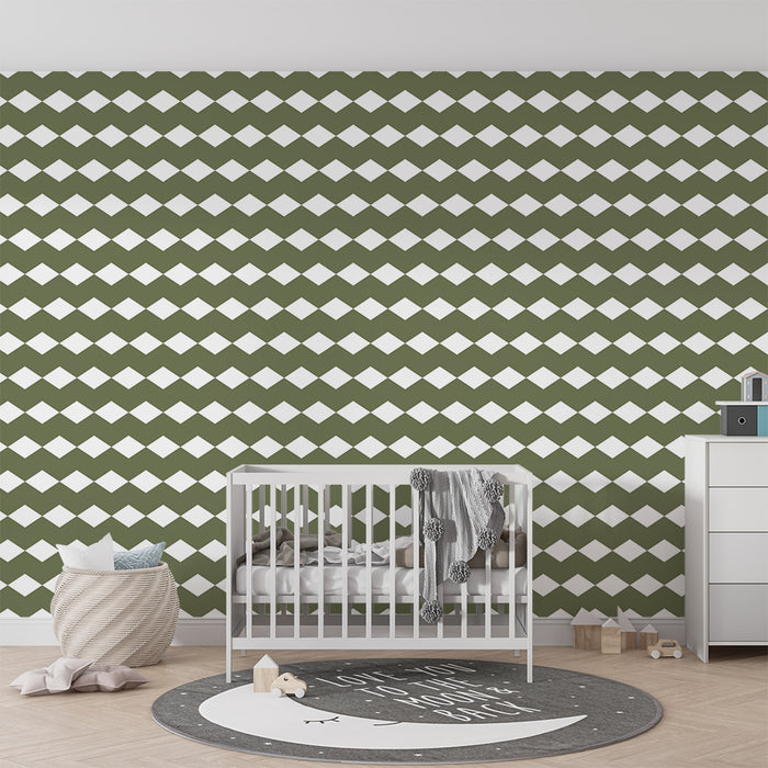 Papel de parede criança | Padrão de losangos modernos em verde e branco