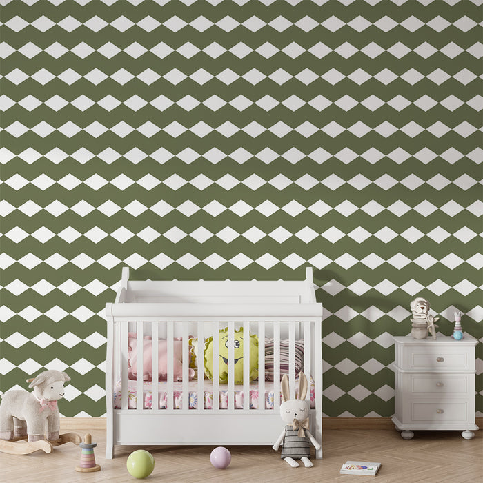 Papel de parede criança | Padrão de losangos modernos em verde e branco