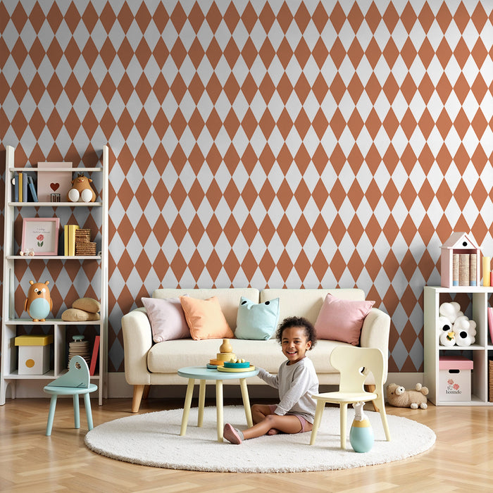 Kids room wallpaper | Terracotta diamond pattern on white background