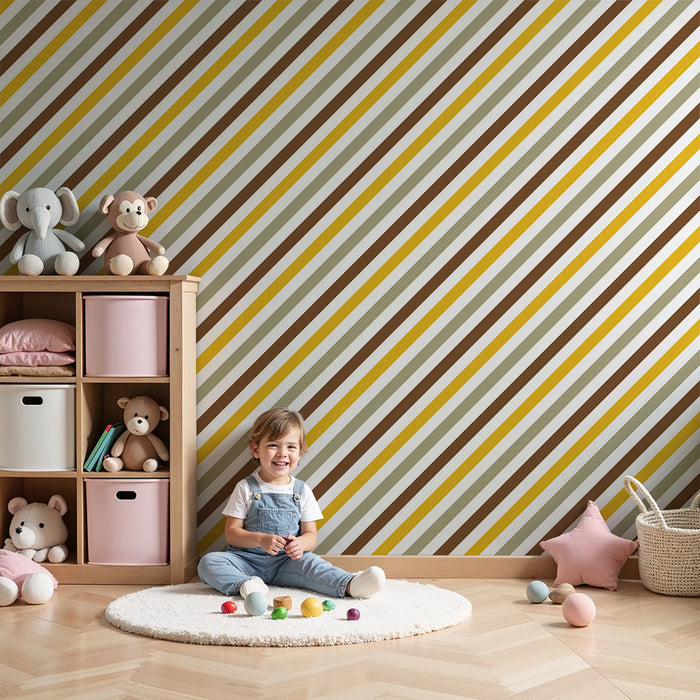 Papier peint chambre enfant | Motif rayé en jaune, marron et beige