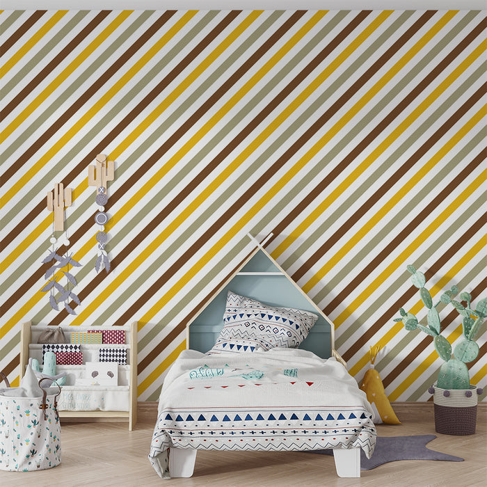 Papier peint chambre enfant | Motif rayé en jaune, marron et beige