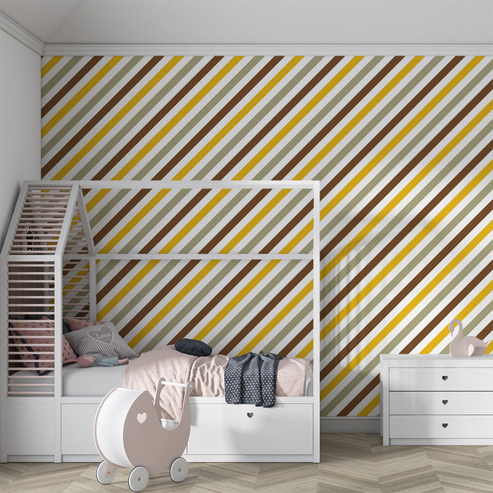 Papier peint chambre enfant | Motif rayé en jaune, marron et beige