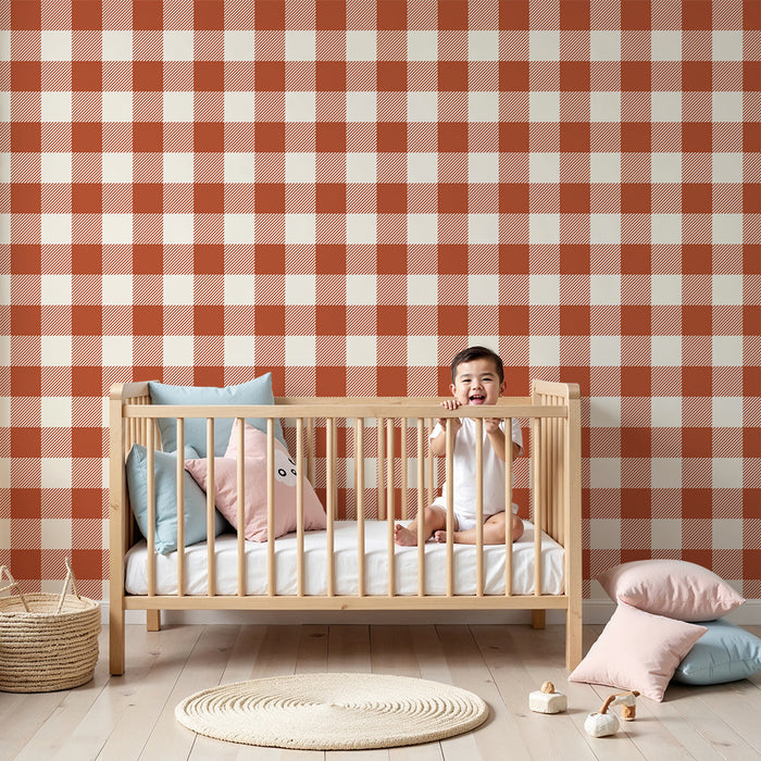 Kids room wallpaper | Red and white gingham pattern for a cozy atmosphere