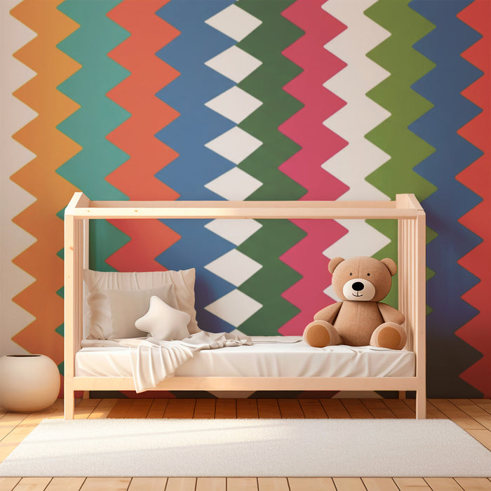 Carta da parati bambini | Motivo zigzag colorato con toni vivaci e dinamici