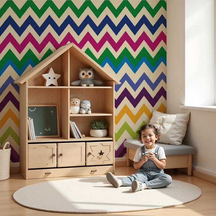 Tapet pentru camera copilului | Model zigzag colorat în verde, violet și roz