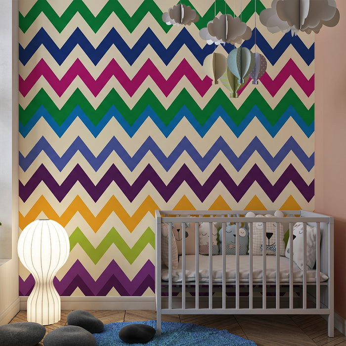 Tapet pentru camera copilului | Model zigzag colorat în verde, violet și roz