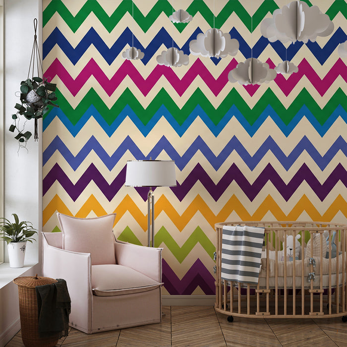 Tapet pentru camera copilului | Model zigzag colorat în verde, violet și roz
