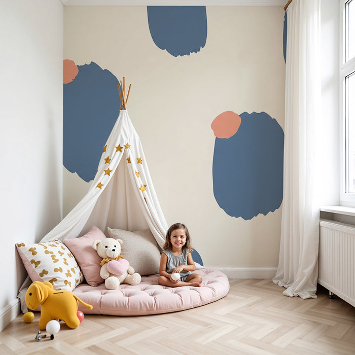 Kinderzimmer Tapete | Abstrakte Muster in Blau und Rosa auf cremefarbenem Hintergrund