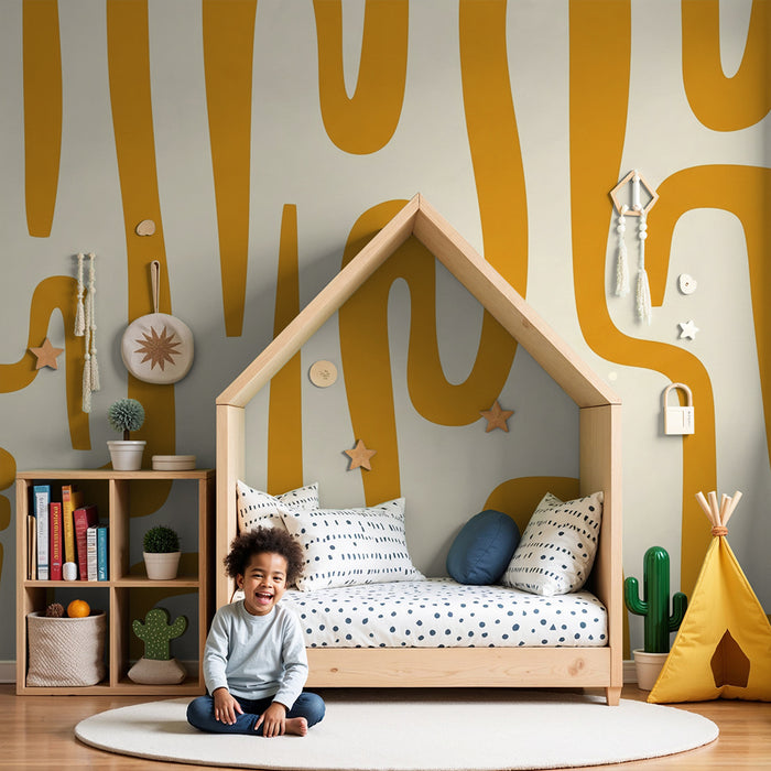 Papel pintado infantil | Motivos abstractos en amarillo sobre fondo crema