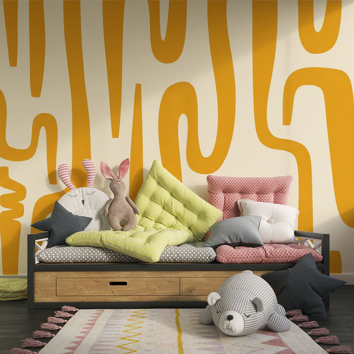 Papel pintado infantil | Motivos abstractos en amarillo sobre fondo crema