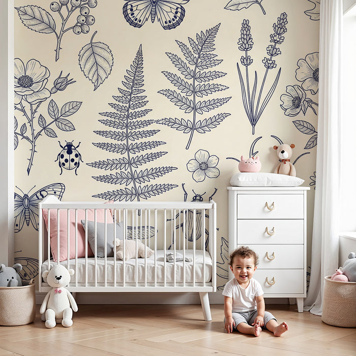 Children's bedroom wallpaper | Delicate botanical and insect motifs on a light background