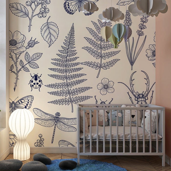 Children's bedroom wallpaper | Delicate botanical and insect motifs on a light background