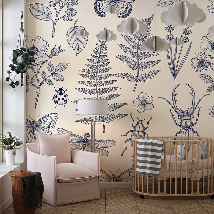 Children's bedroom wallpaper | Delicate botanical and insect motifs on a light background