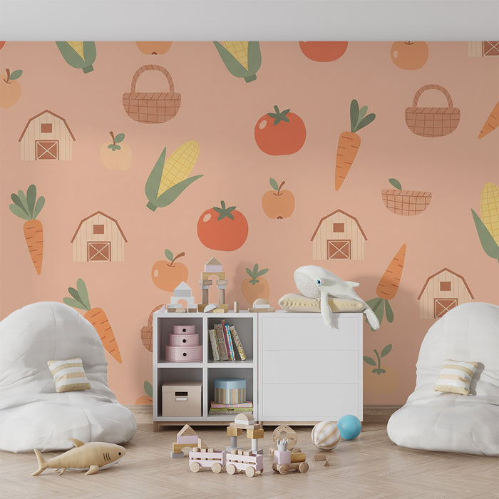 Papel de parede criança | Picturi cu ferme cu legume și fructe colorate