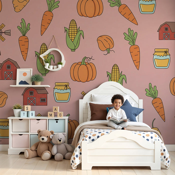 Papel pintado infantil | Motivos de granja con verduras y granero colorido