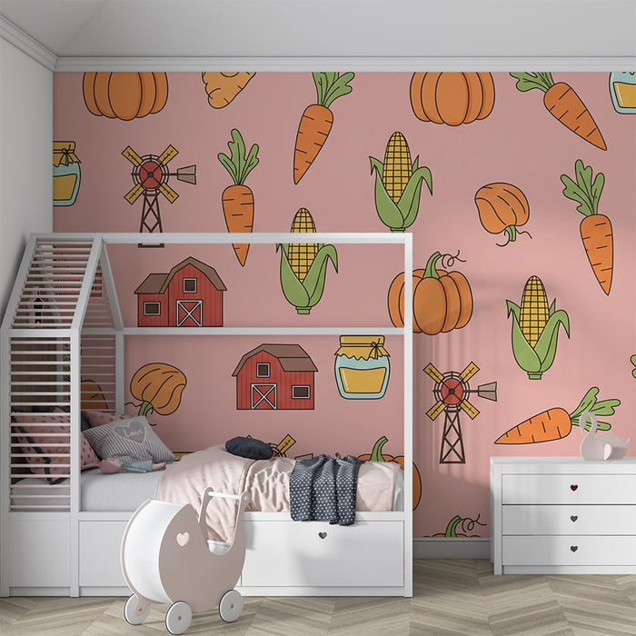 Papel pintado infantil | Motivos de granja con verduras y granero colorido