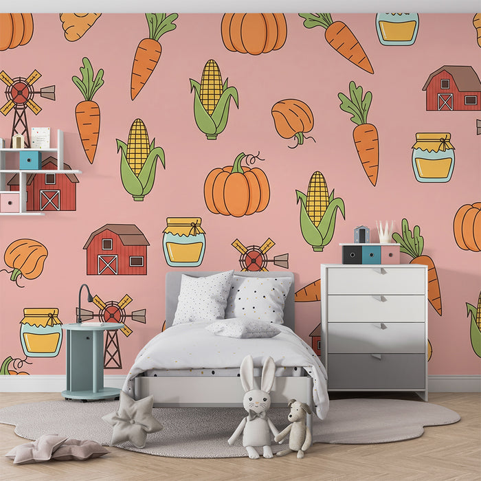 Papel pintado infantil | Motivos de granja con verduras y granero colorido