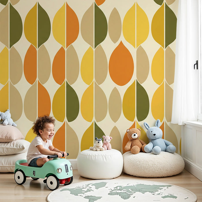 Kinderzimmer Tapete | Bunte Blattmuster in Gelb, Orange und Grün