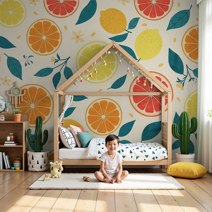 Kids room wallpaper | Colorful fruit patterns with citrus and foliage