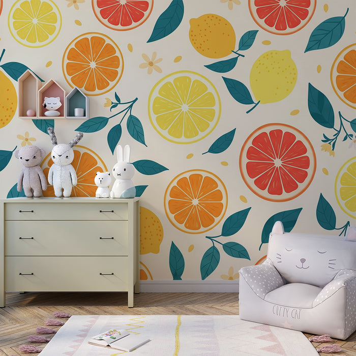 Kids room wallpaper | Colorful fruit patterns with citrus and foliage