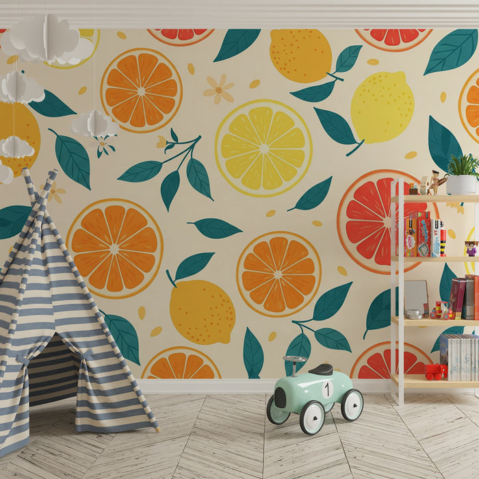Kids room wallpaper | Colorful fruit patterns with citrus and foliage