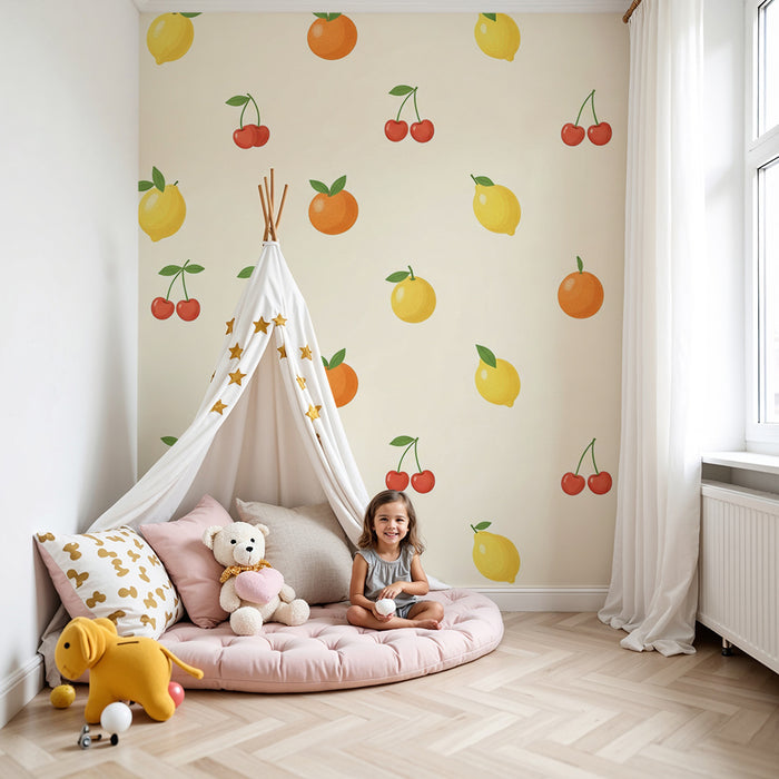 Papel de parede criança | Coloridos padrões de frutas com laranjas, limões e cerejas