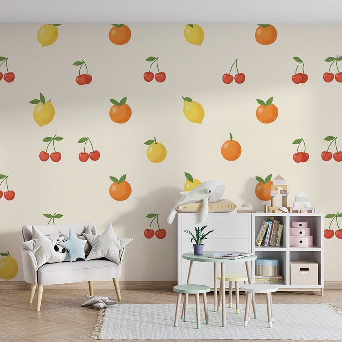 Papel de parede criança | Coloridos padrões de frutas com laranjas, limões e cerejas
